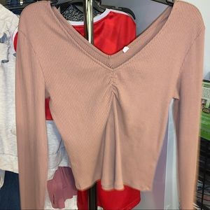 tan fitted long sleeve w/ rouched center detail
